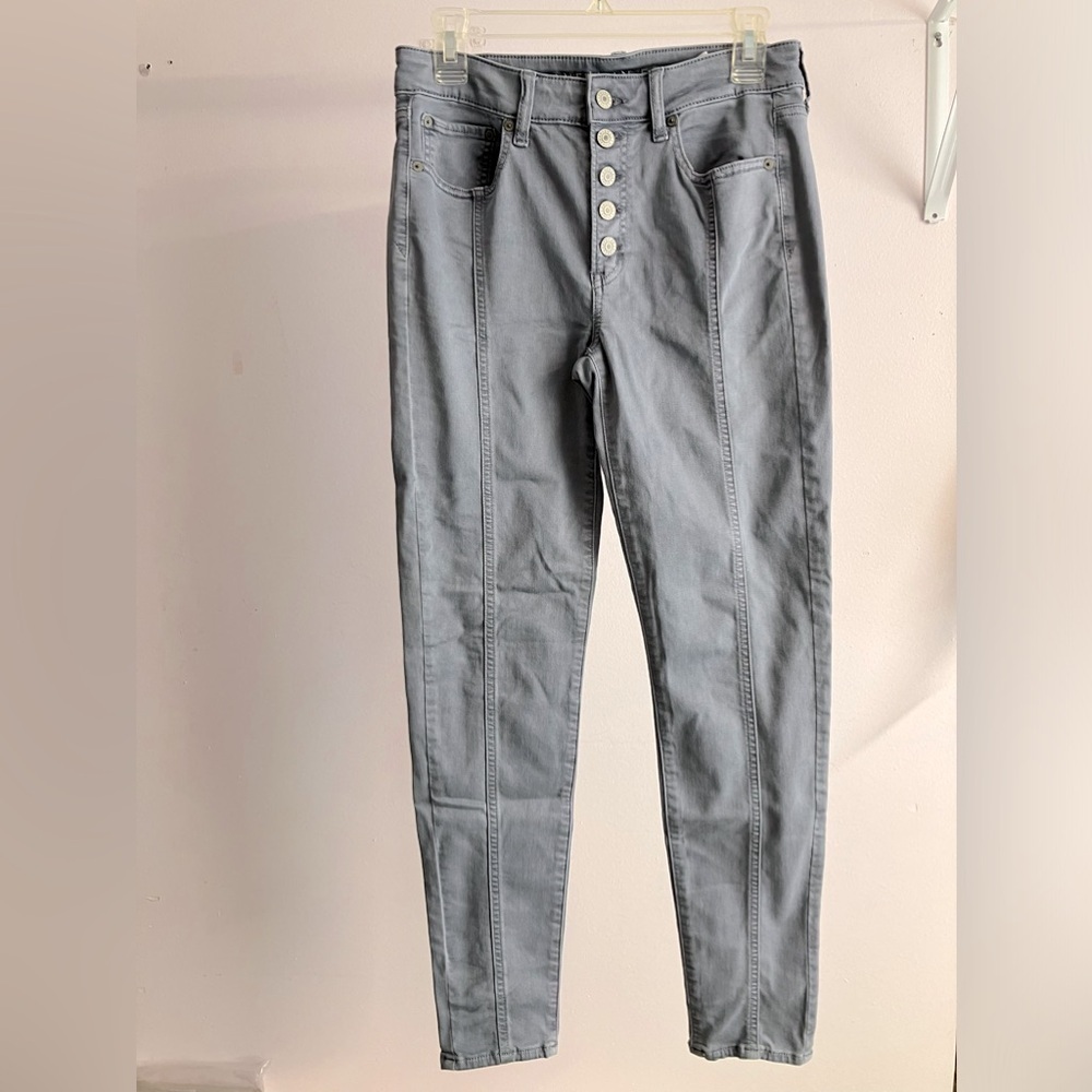 American Eagle Women’s Button Fly High Rise Jeggings/Pants,8R, Bluish Gray